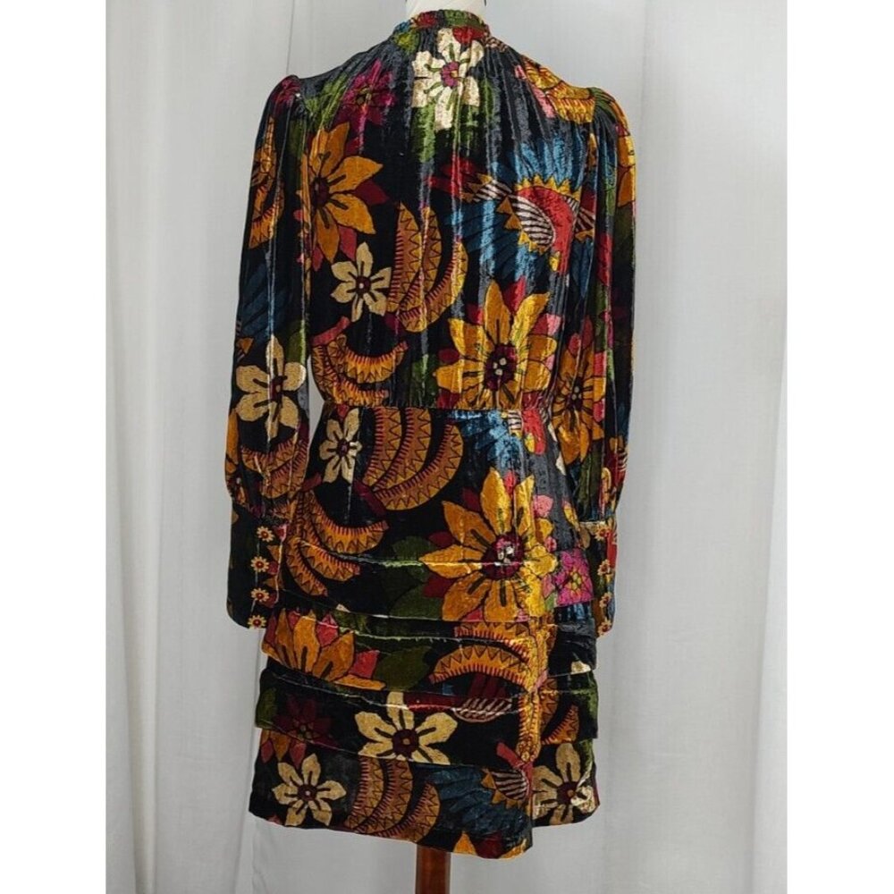 FARM Rio Macaw Ballet Velvet Mini Dress S Long Sleeve Party Floral High Neck - Picture 11 of 15